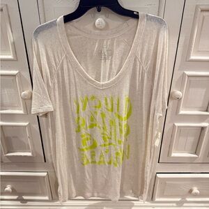 American Eagle Outfitters Cream Tee with Neon Yellow Graphic